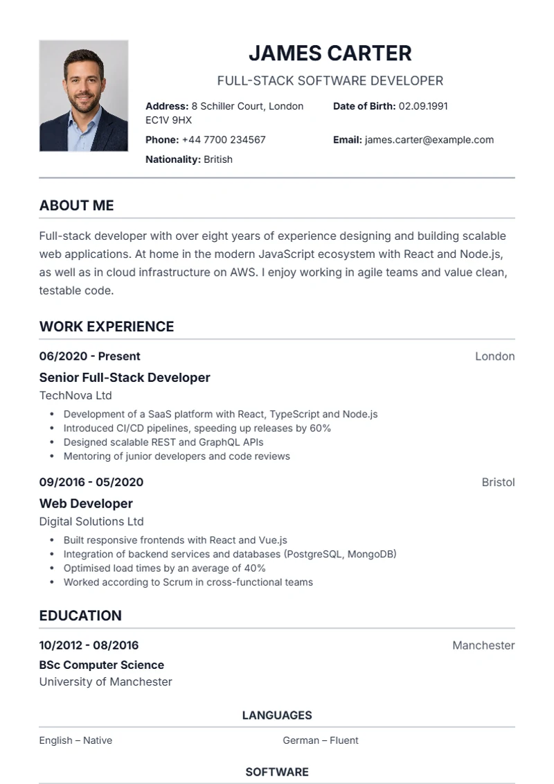 CV template Traditional – sample compliant with DIN 5008