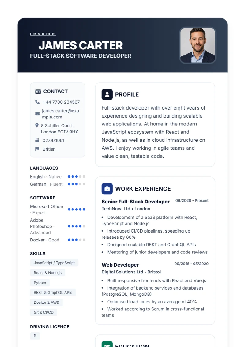 CV template Trust – sample compliant with DIN 5008