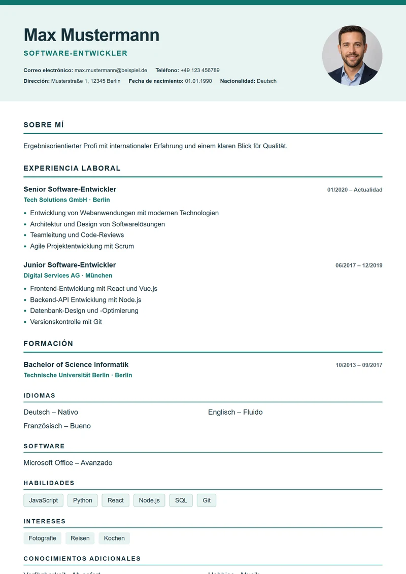 Plantilla de currículum Nordic Clean – modelo según DIN 5008
