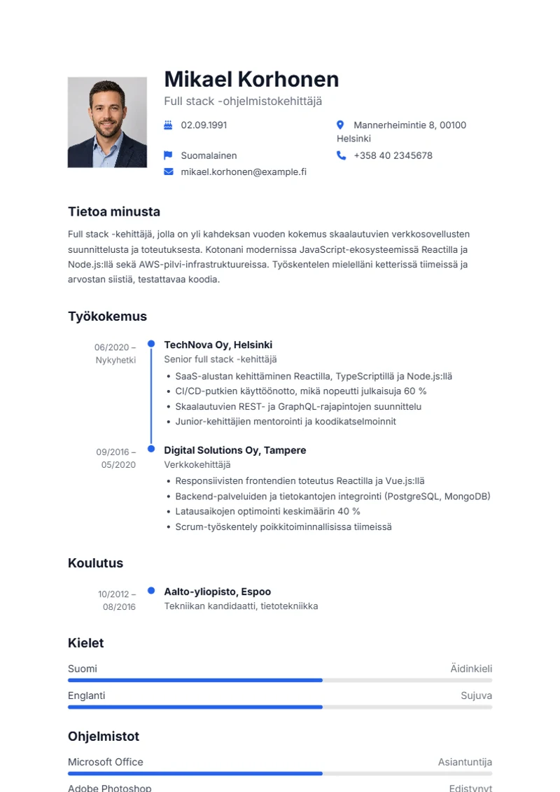 Ansioluettelopohja Aqua – malli DIN 5008 -standardin mukaan