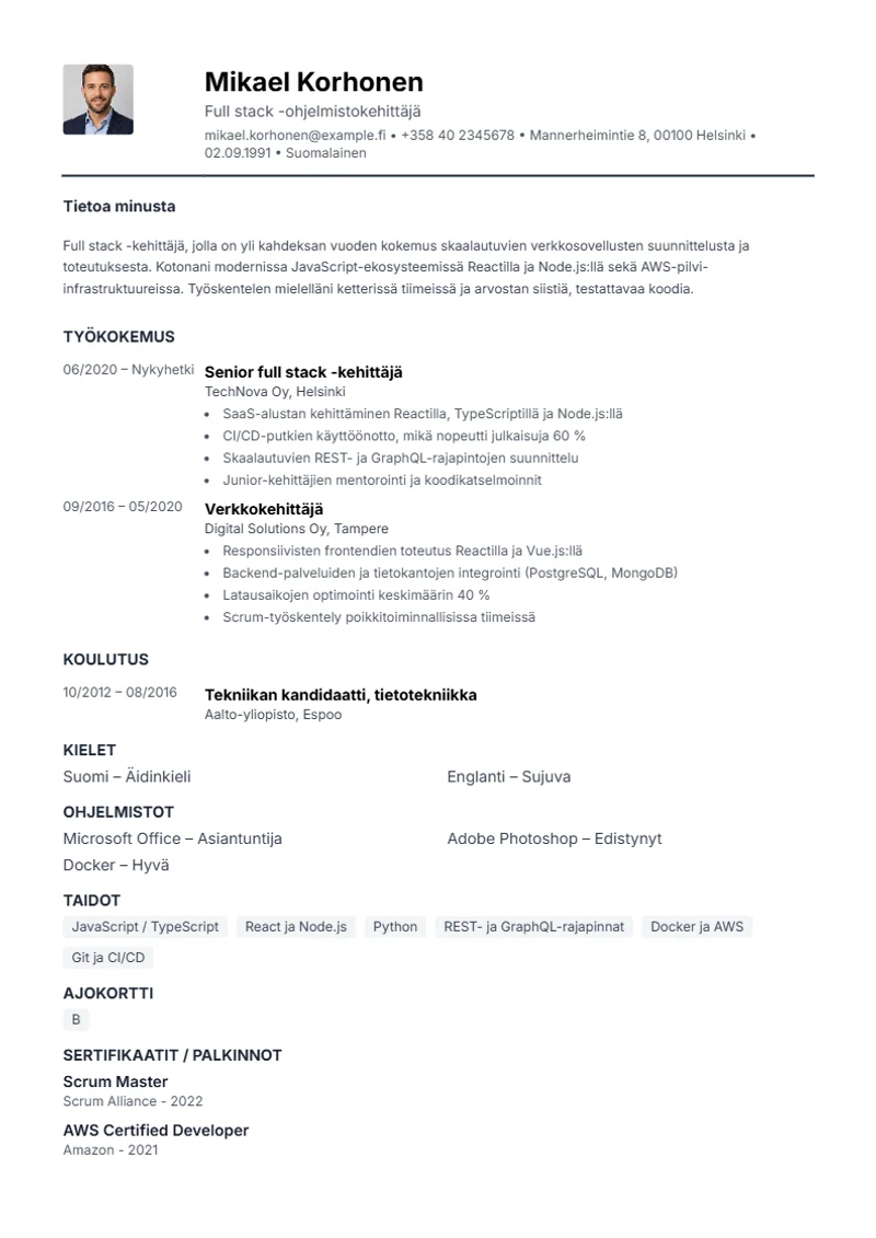 Ansioluettelopohja Compact – malli DIN 5008 -standardin mukaan