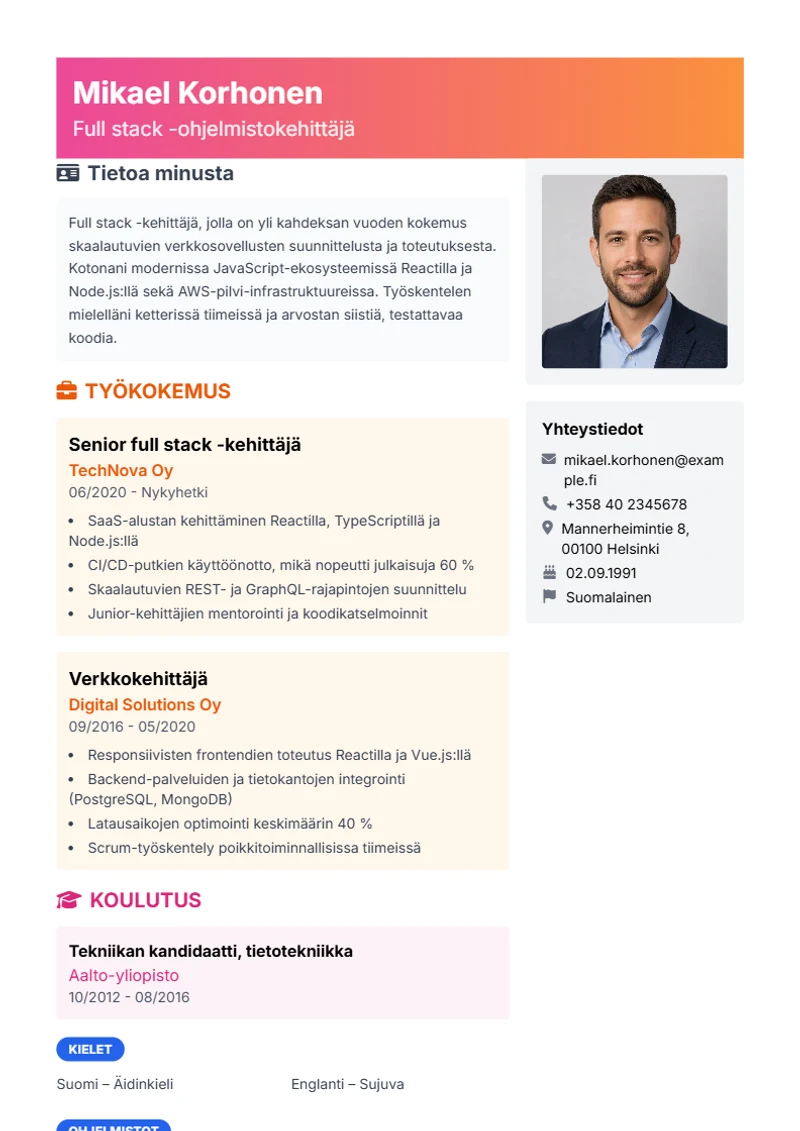 Ansioluettelopohja Creative – malli DIN 5008 -standardin mukaan