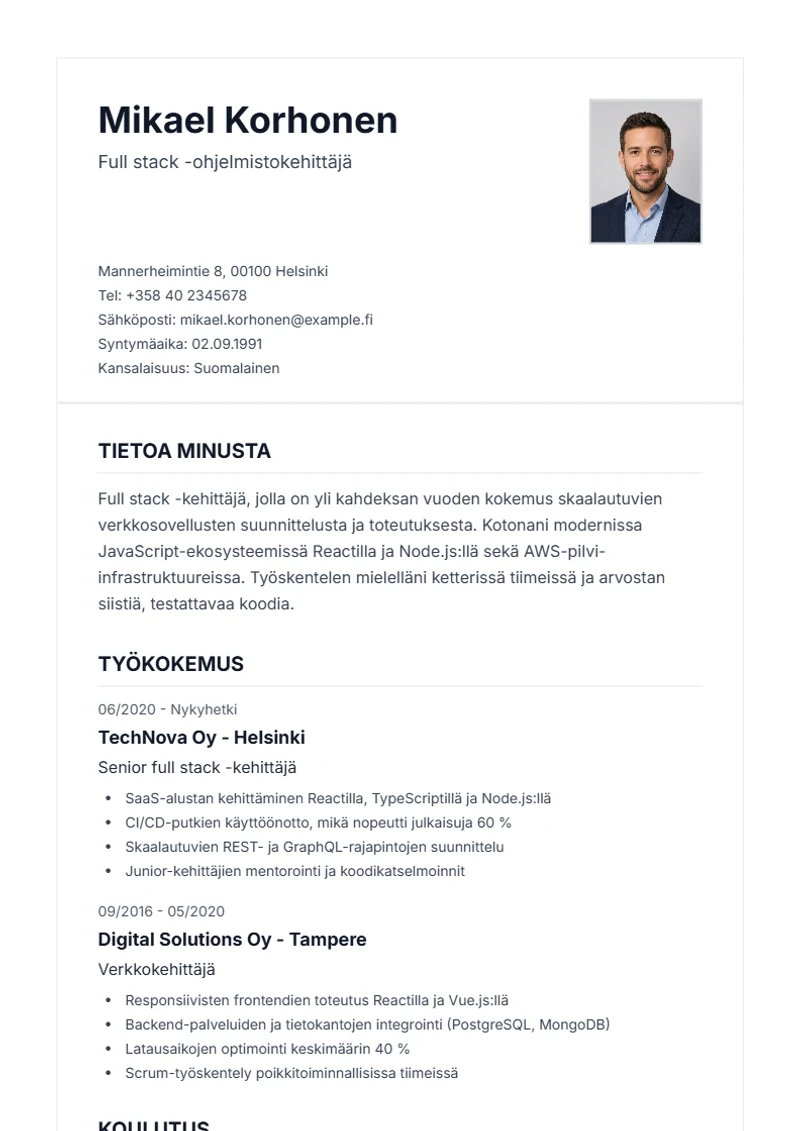 Ansioluettelopohja Classic – malli DIN 5008 -standardin mukaan