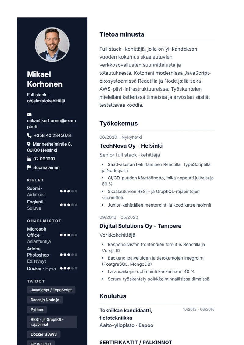 Ansioluettelopohja Modern – malli DIN 5008 -standardin mukaan