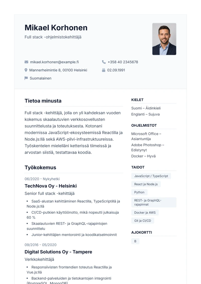 Ansioluettelopohja Professional – malli DIN 5008 -standardin mukaan
