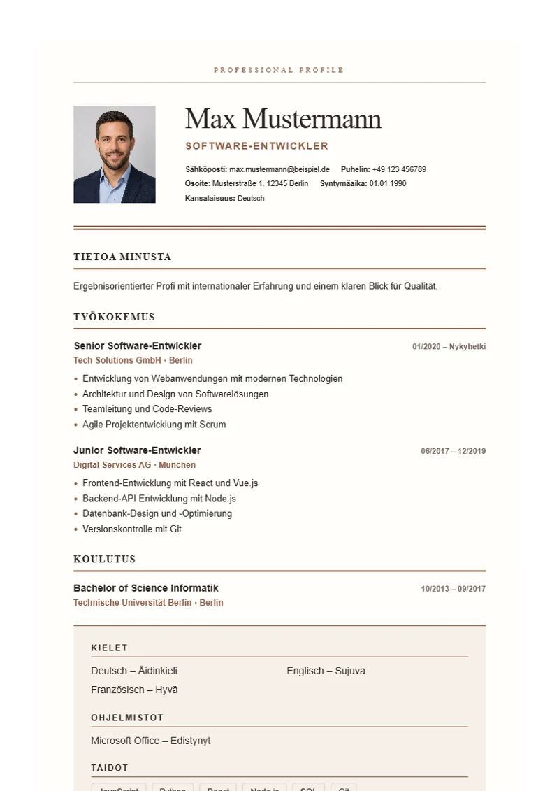 Ansioluettelopohja Editorial Serif – malli DIN 5008 -standardin mukaan