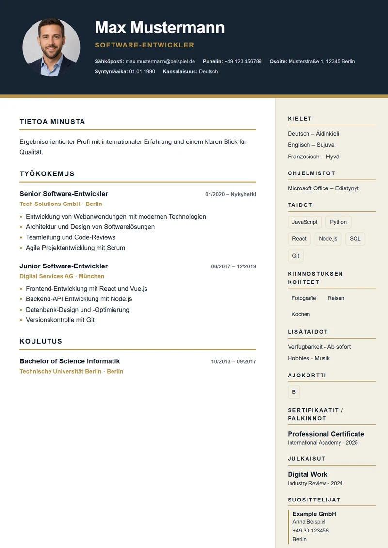 Ansioluettelopohja Executive Dark – malli DIN 5008 -standardin mukaan