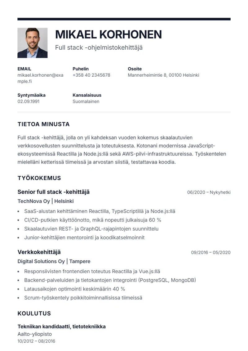 Ansioluettelopohja Executive – malli DIN 5008 -standardin mukaan