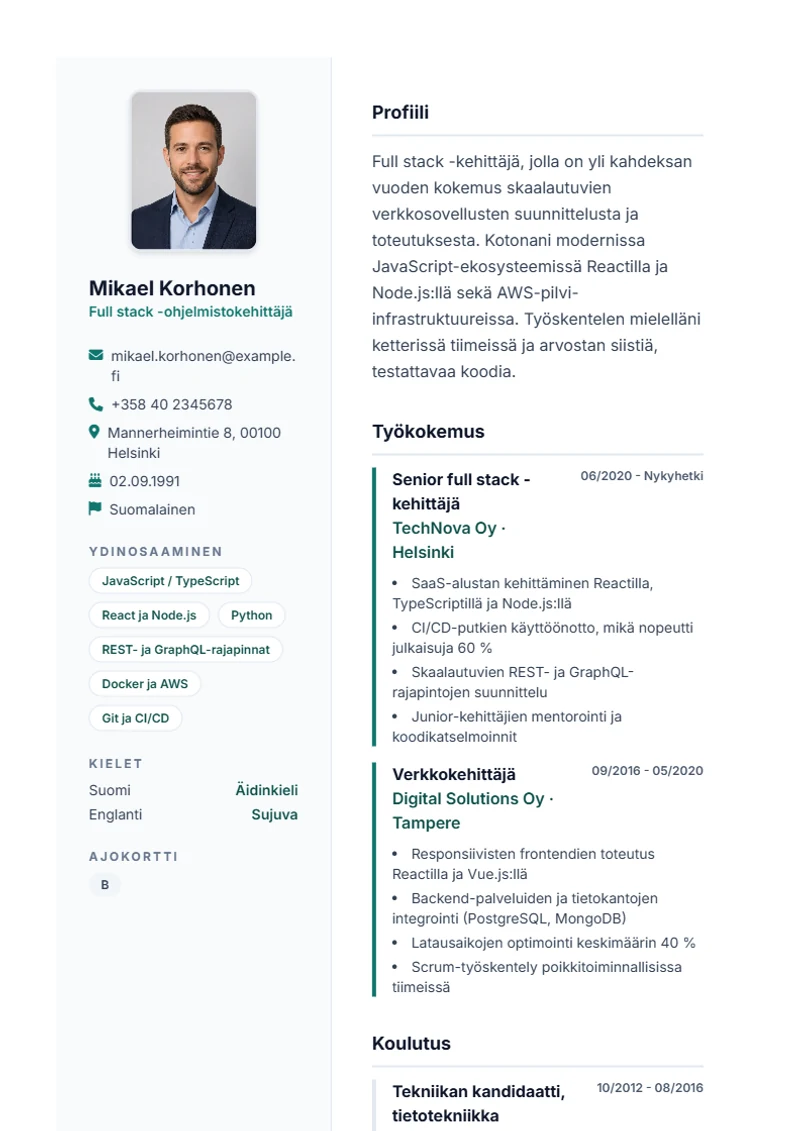 Ansioluettelopohja Lebenslauf Pro – malli DIN 5008 -standardin mukaan