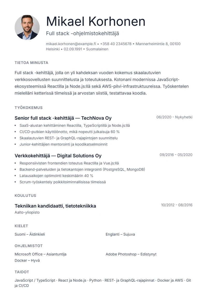 Ansioluettelopohja Minimal – malli DIN 5008 -standardin mukaan