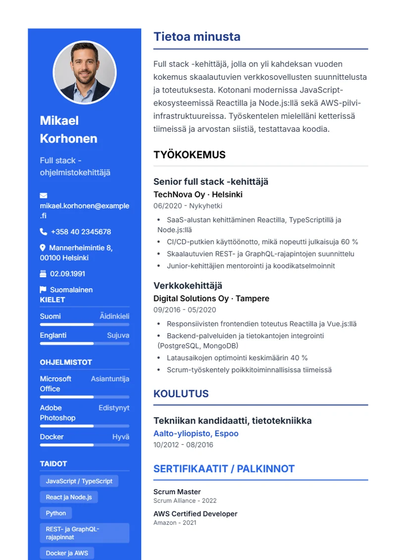 Ansioluettelopohja Modern – malli DIN 5008 -standardin mukaan