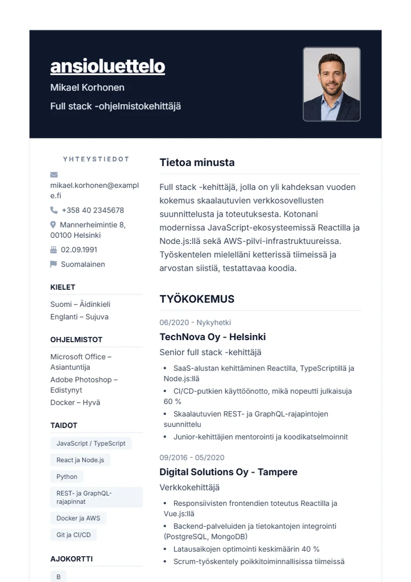 Ansioluettelopohja Nova – malli DIN 5008 -standardin mukaan
