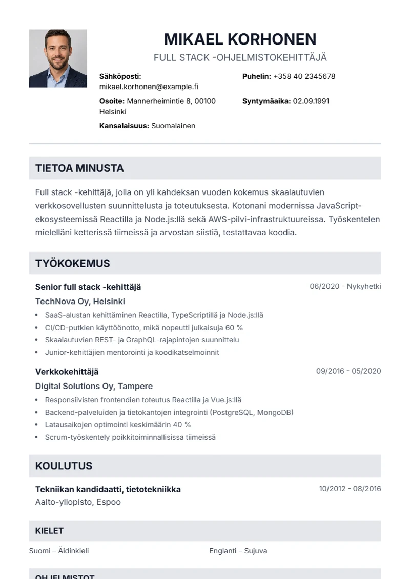 Ansioluettelopohja Professional – malli DIN 5008 -standardin mukaan