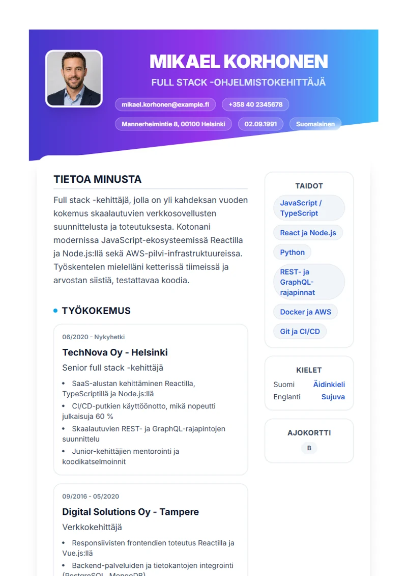Ansioluettelopohja Slanted – malli DIN 5008 -standardin mukaan