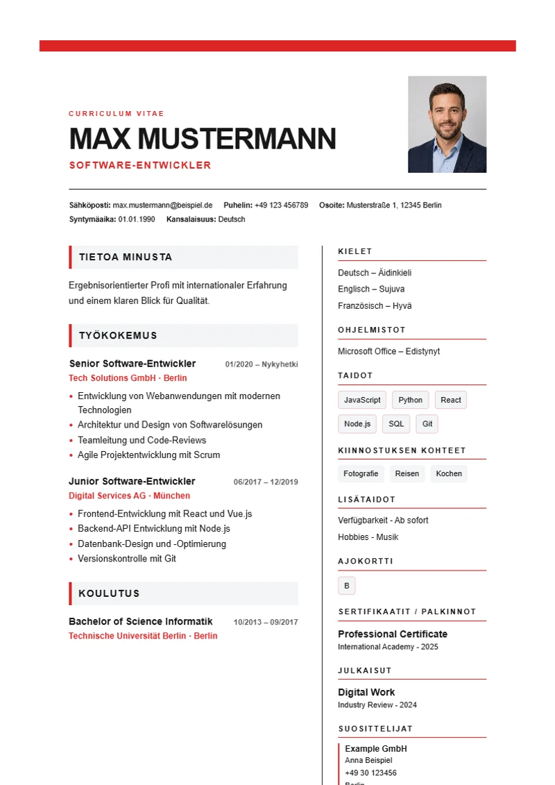 Ansioluettelopohja Swiss Grid – malli DIN 5008 -standardin mukaan