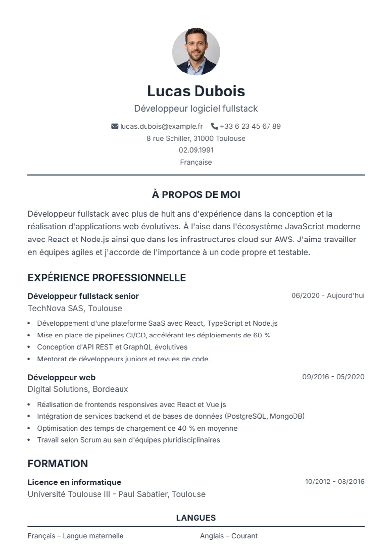 Modèle de CV Classic – exemple selon DIN 5008