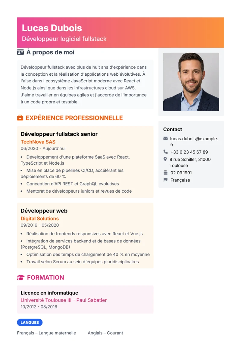 Modèle de CV Creative – exemple selon DIN 5008