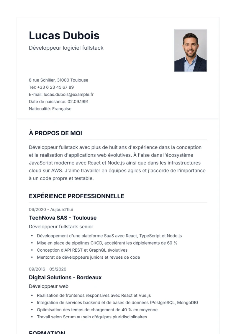 Modèle de CV Classic – exemple selon DIN 5008