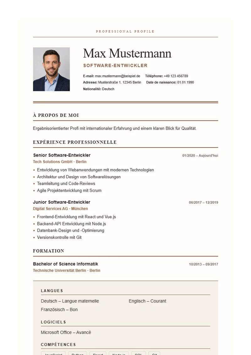 Modèle de CV Editorial Serif – exemple selon DIN 5008