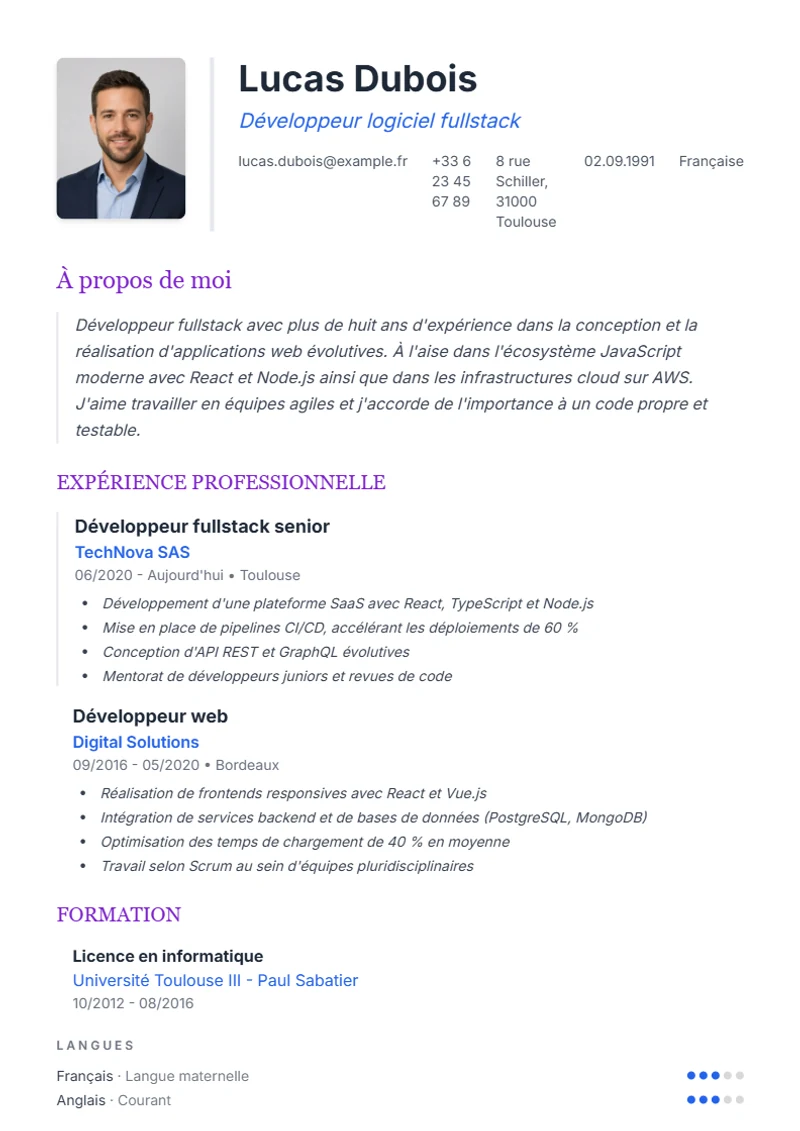 Modèle de CV Elegant – exemple selon DIN 5008