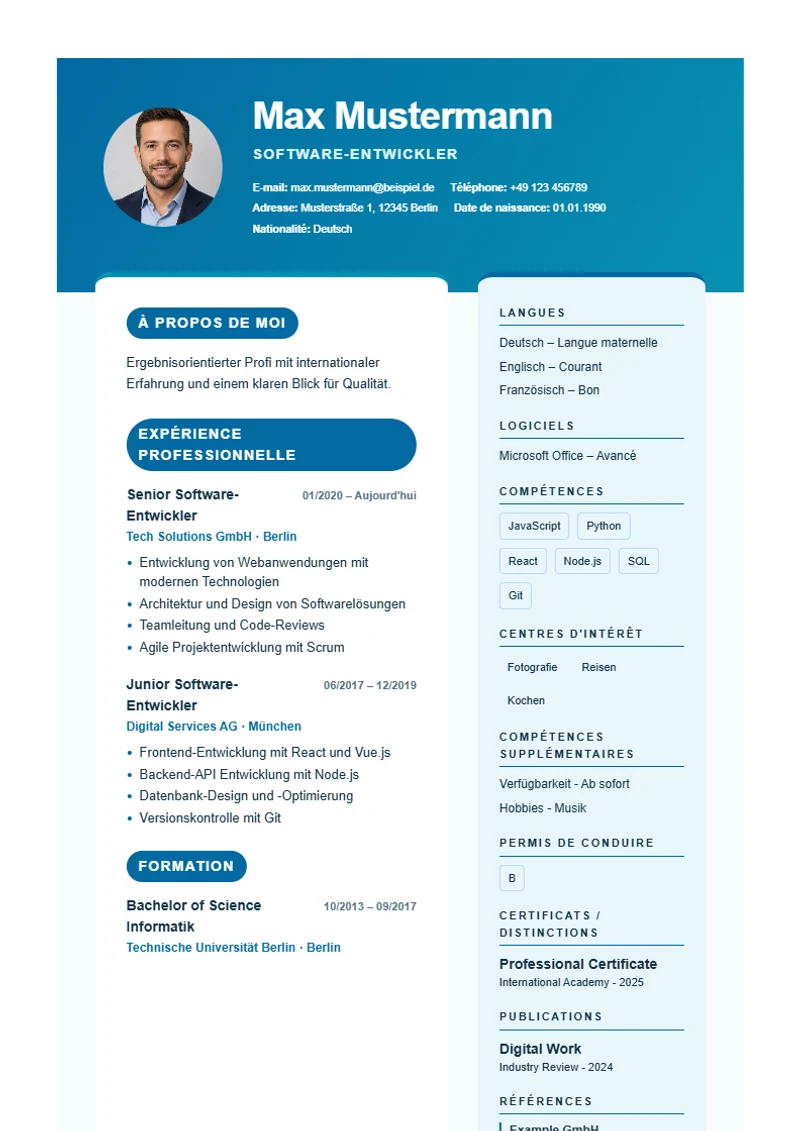Modèle de CV Ocean Split – exemple selon DIN 5008