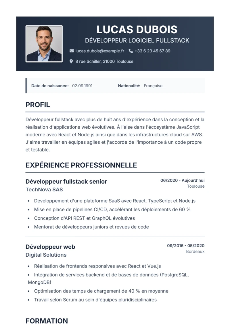 Modèle de CV Profplus – exemple selon DIN 5008