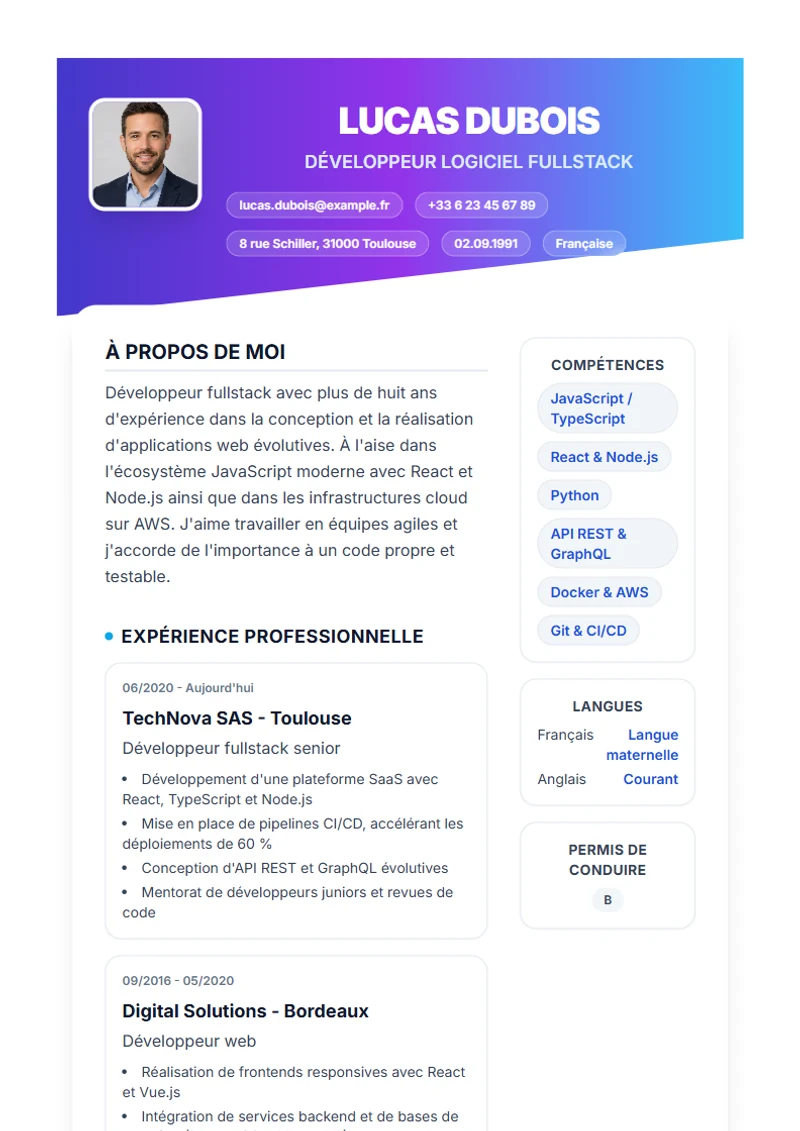 Modèle de CV Slanted – exemple selon DIN 5008