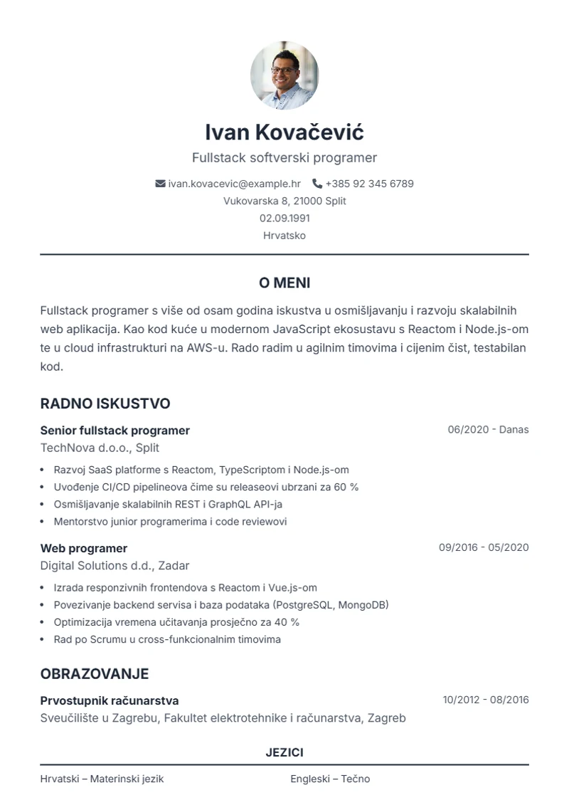 Predložak životopisa Classic – primjer