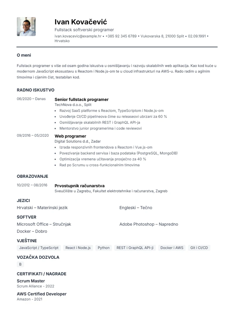 Predložak životopisa Compact – primjer