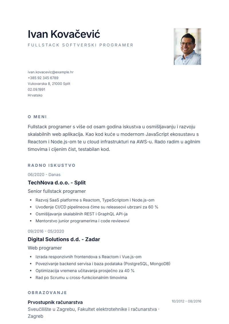 Predložak životopisa Minimal – primjer