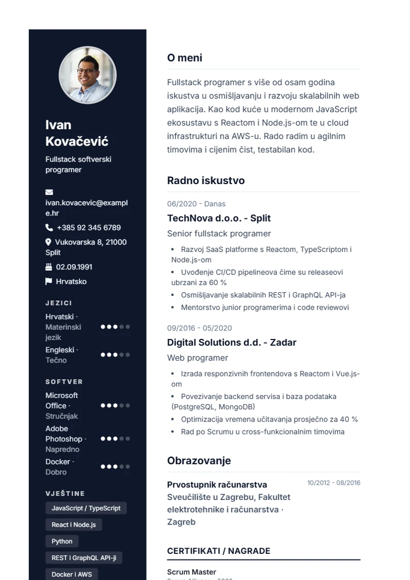 Predložak životopisa Modern – primjer