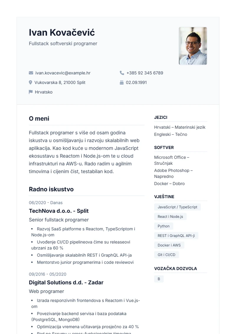 Predložak životopisa Professional – primjer