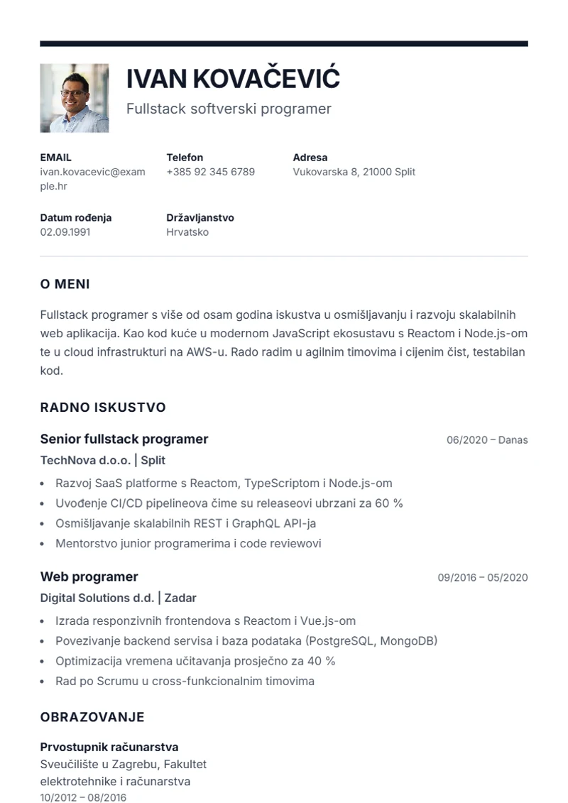 Predložak životopisa Executive – primjer