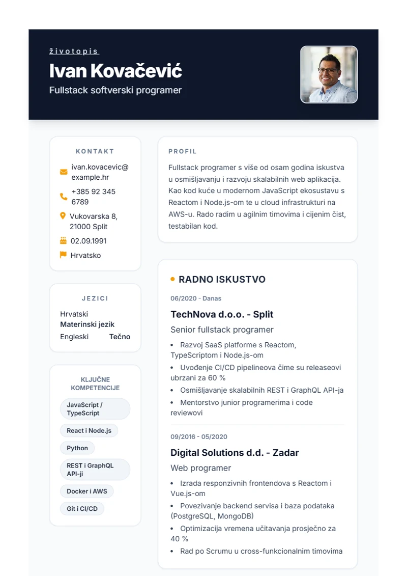 Predložak životopisa Formal – primjer