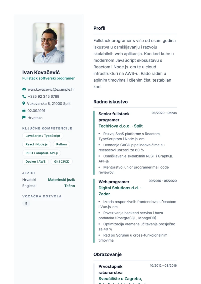 Predložak životopisa Lebenslauf Pro – primjer