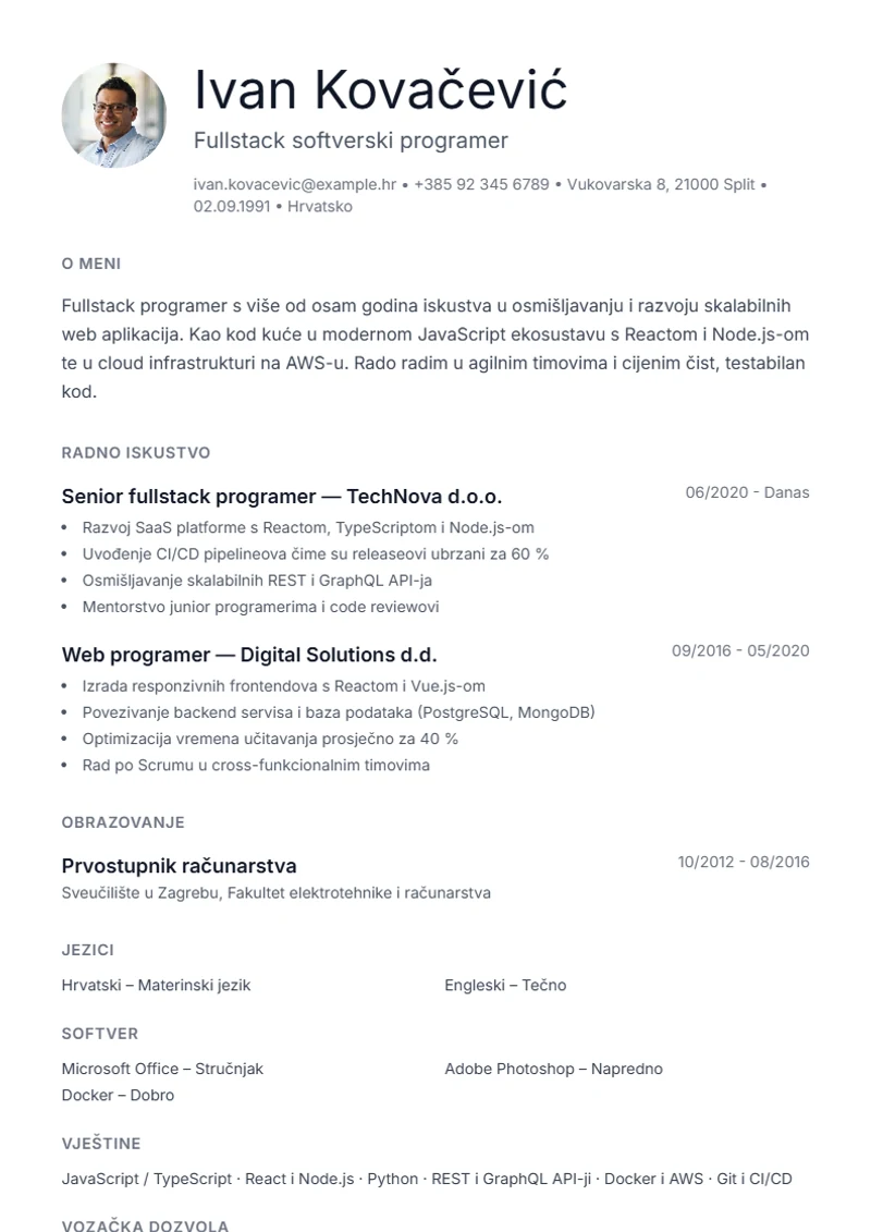 Predložak životopisa Minimal – primjer