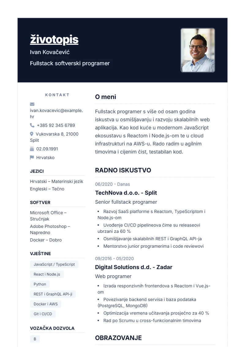 Predložak životopisa Nova – primjer