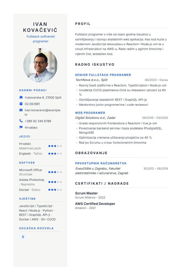 Predložak životopisa Prestige – primjer