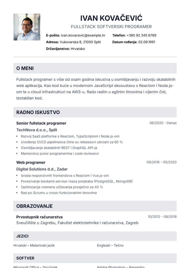 Predložak životopisa Professional – primjer