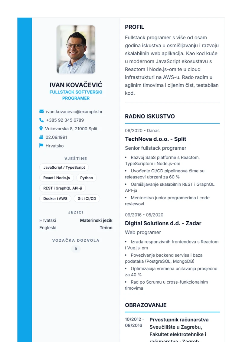 Predložak životopisa Sidebar Pro – primjer