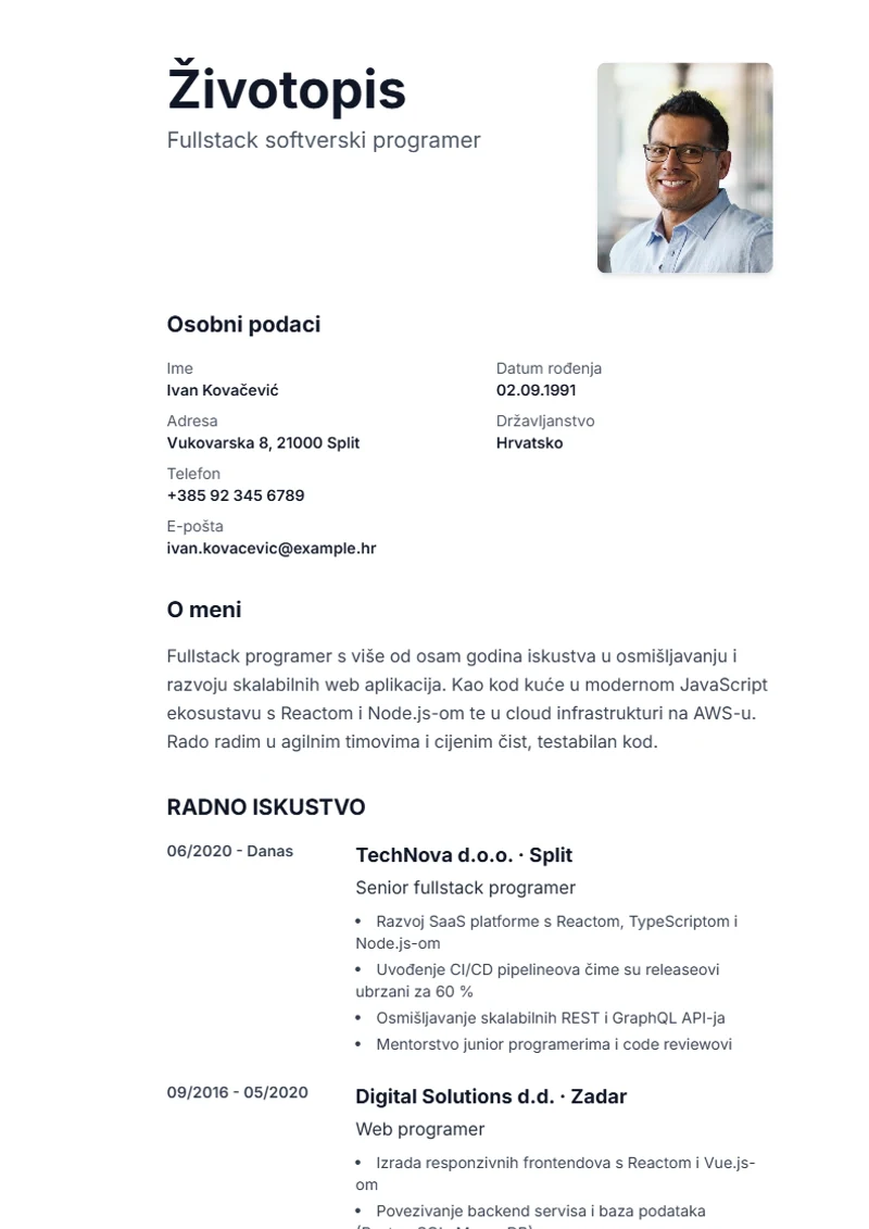 Predložak životopisa Sidebar – primjer