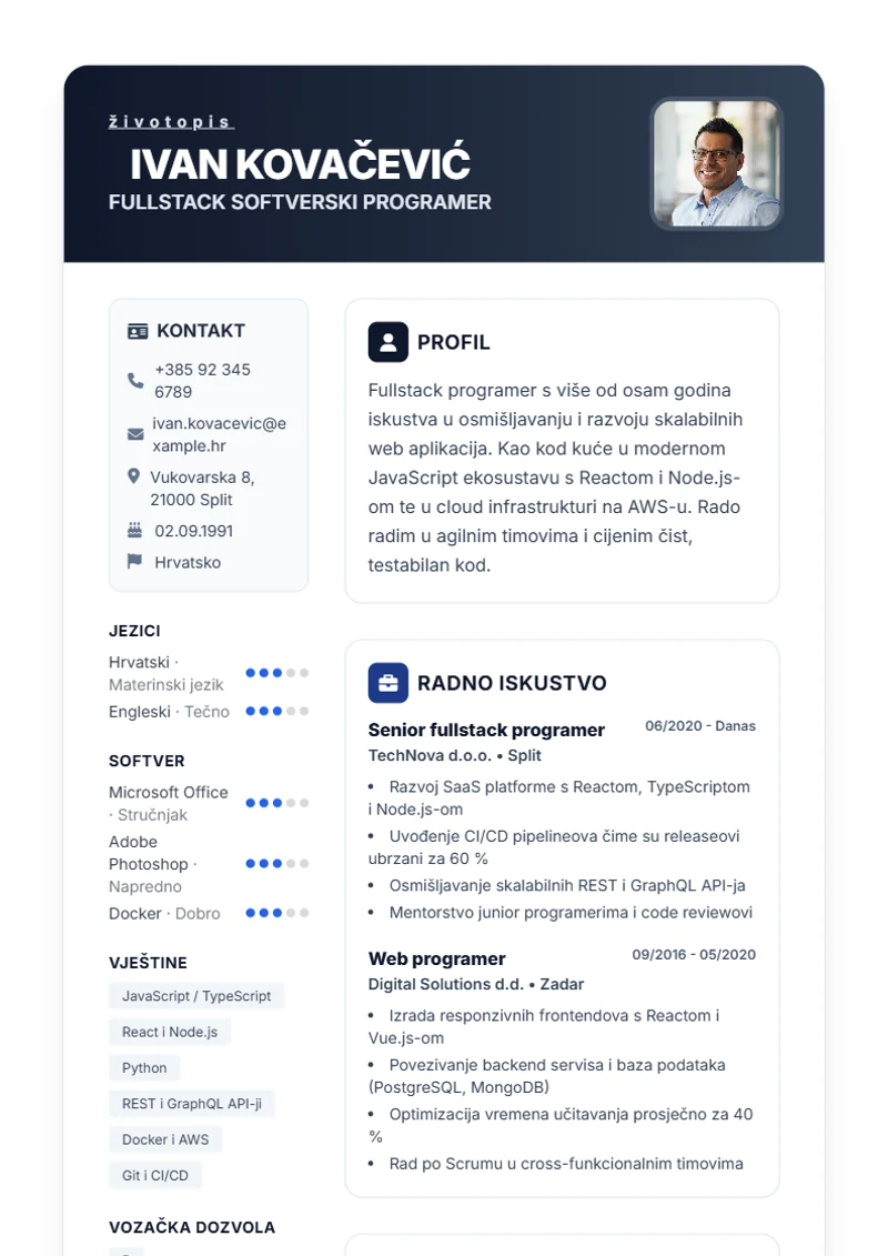 Predložak životopisa Trust – primjer