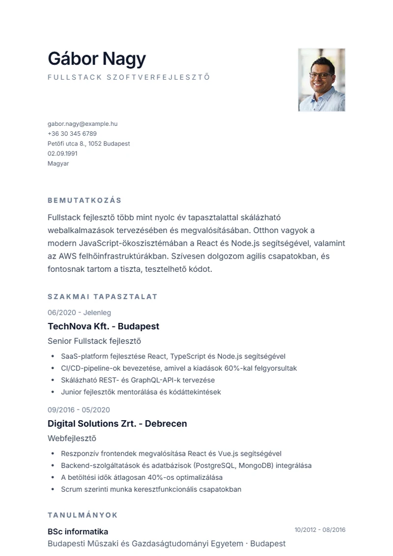 Minimal önéletrajz-sablon – minta