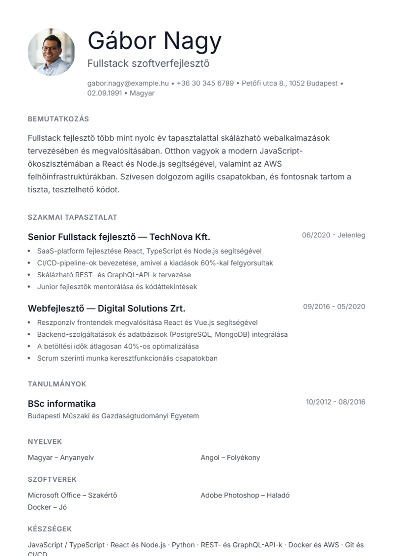Minimal önéletrajz-sablon – minta