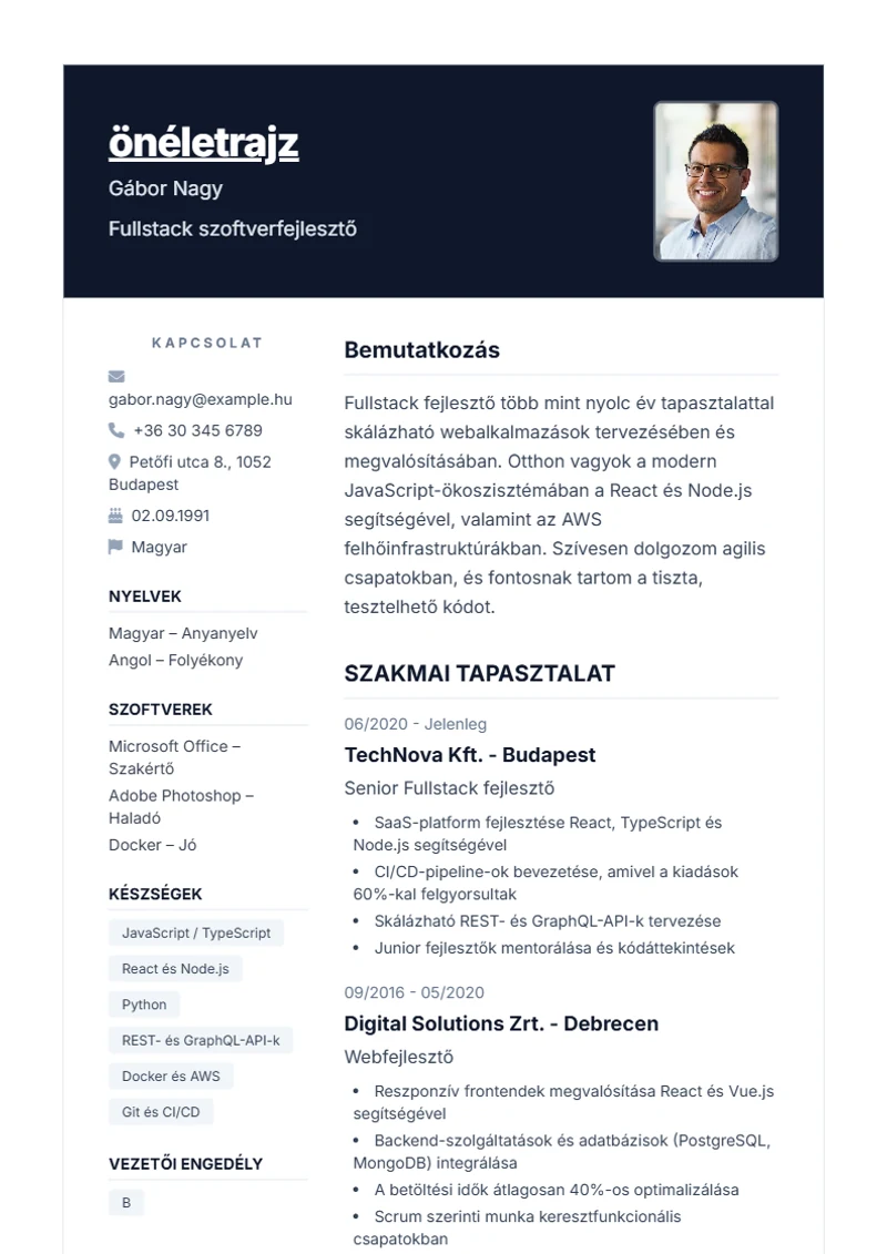 Nova önéletrajz-sablon – minta