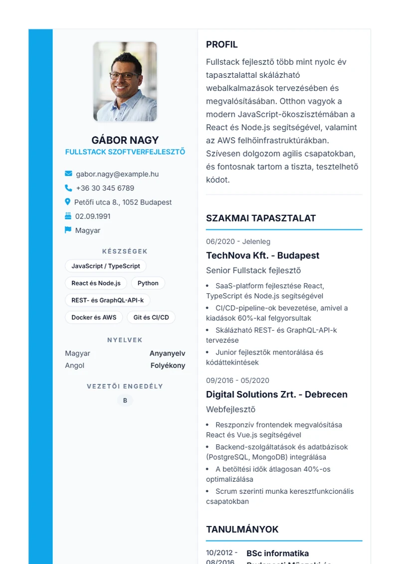 Sidebar Pro önéletrajz-sablon – minta
