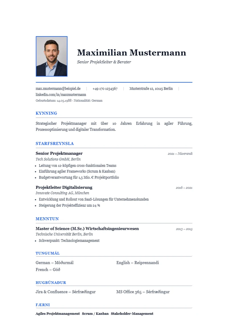 Sniðmát ferilskrár Wien Serif, sýnishorn samkvæmt DIN 5008