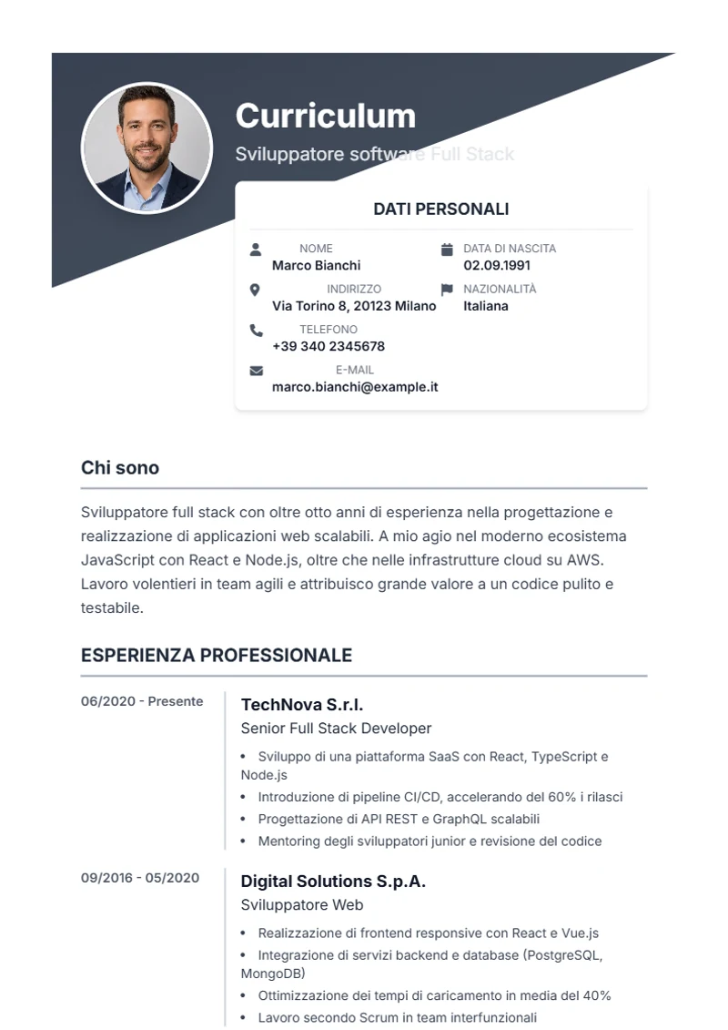 Modello di curriculum Diagonal – esempio conforme alla DIN 5008