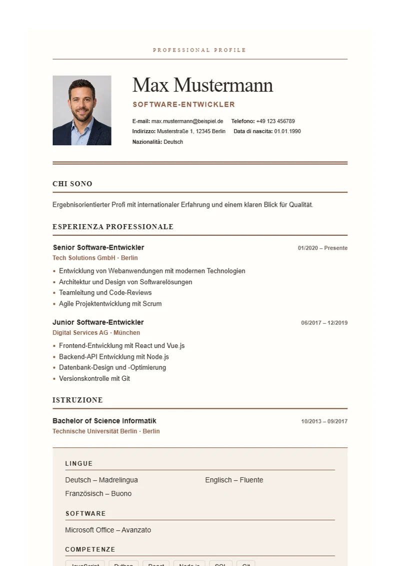 Modello di curriculum Editorial Serif – esempio conforme alla DIN 5008