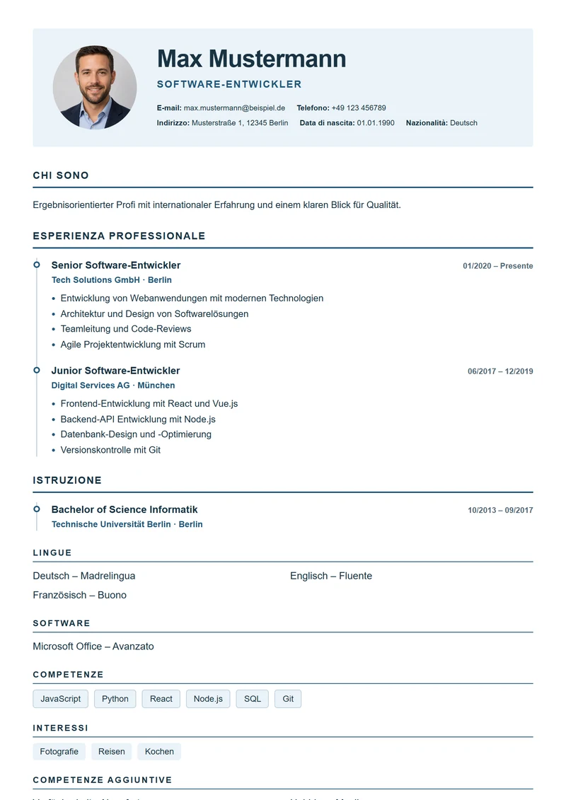 Modello di curriculum European Timeline – esempio conforme alla DIN 5008